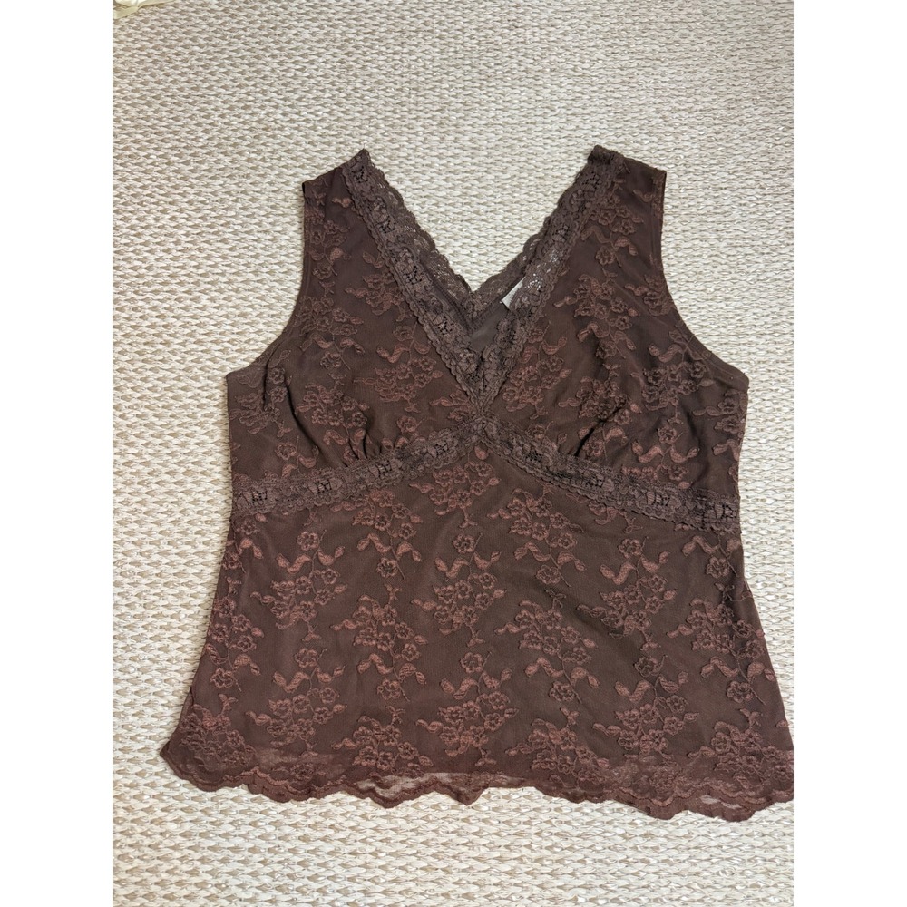 Y2k Stretch Brown Floral Lace V-Neck Tank Top baby doll XL Camisole Whimsigoth
